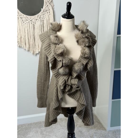 Boston Proper Neutral Mohair Faux Fur Pom Pom Knit Tie Waist Cardigan Sweater XS - Picture 1 of 9